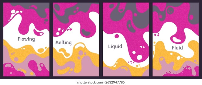 Melting colorful waves pattern summer banners. Bubble splashes and streams vector templates set. Fluid liquid flowing paint flyers. Wavy surface leaflets. Fluid droplets, melting shapes
