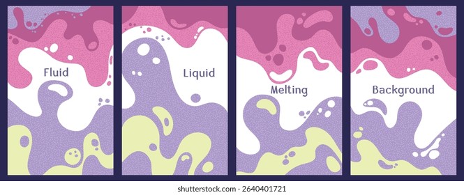 Melting colorful waves pattern summer banners. Bubble splashes and streams vector pack box covers. Fluid liquid flowing paint flyers. Wavy surface posters. Fluid droplets, melting shapes