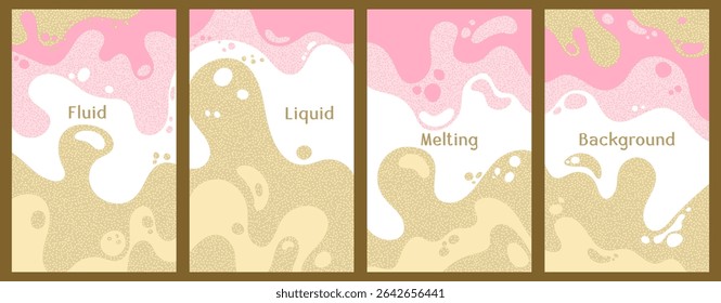 Melting colorful waves pattern summer banners. Bubble splashes and streams vector templates set. Fluid liquid flowing paint patterns. Wavy surface posters with salted caramel melting shapes