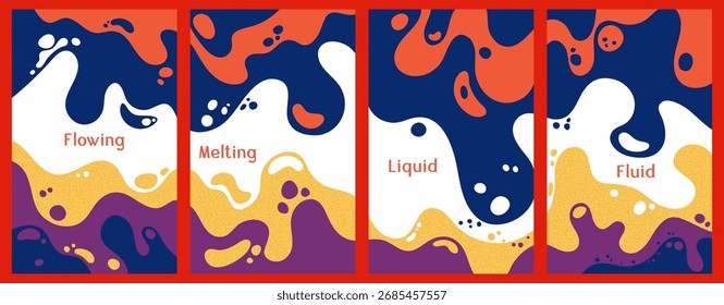 Melting colorful waves pattern summer banners. Bubble splashes and streams vector templates set. Fluid liquid flowing paint patterns. Wavy surface posters. Liquid droplets, melting shapes