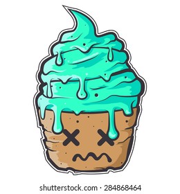 Melting Cupcake with dead face and eyes in vector