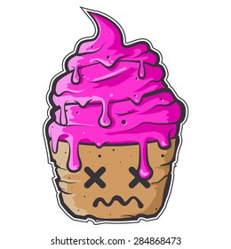 Melting Cupcake with dead face and eyes in vector