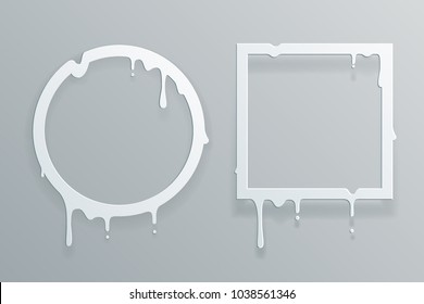 Melting cut paper frame 3d flowing art flux circle drop leak abstract template design vector illustration