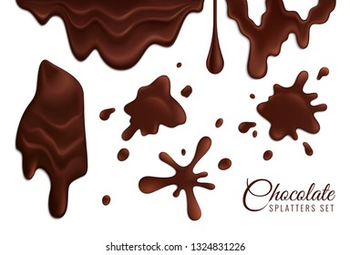 Melting dark chocolate splatters realistic set isolated on white background vector illustration