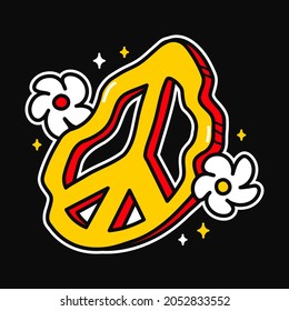 Melting deformed  hippie symbol and flowers for tee,t-shirt print. Vector hand drawn line 70s style cartoon illustration. 60s,70s hippie peace sign,flowers,stars print for t-shirt,poster,card concept