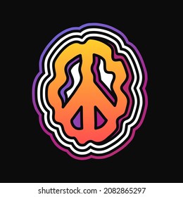 Fusión del símbolo hippie deformado para la impresión de camisetas. Ilustración de dibujos animados de la línea 70s a mano. 60's,70's hippie Peace sign print para camisetas, afiches, concepto de tarjeta