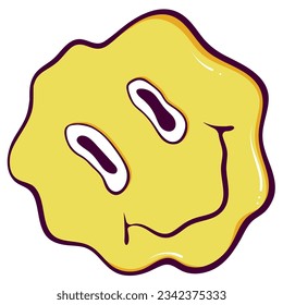 Melting distorted smile. Psychedelic funny surreal yellow smiley face. Hippie retro groovy smiling face. Vector hand drawn cartoon character illustration isolated on white. Graffiti style