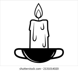 Melting, dripping candle illustration. Simple line art candle in a candleholder. Outline vector light equipment icon isolated on white background