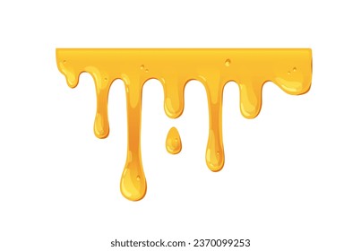 Melting dripping honey border. Amber gold liquid caramel flowing with sugar drops, sticky sweet trickles. Molten maple syrup leaking down. Flat graphic vector illustration isolated on white background