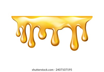 Melting or dripping honey, isolated sticky organic liquid with drops. Vector caramel or maple syrup flowing, clear mead or juice, realistic oil or amber essence