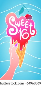 Melting and dripping ice cream in a waffle cone with a ripe cherry on top in girl's hand on blue wavy background. Cute teenage girl birthday party cards and invitations design. Sweet 16 celebration.