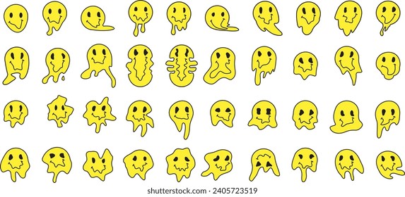 Melting or dripping smile set. Psychedelic faces isolated on white background. Bad trip concept.