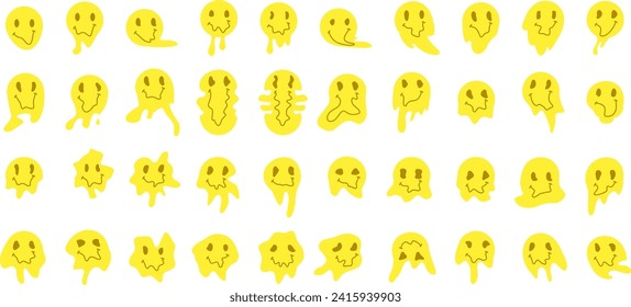 Sonrisa de derretimiento o goteo. Caras psicodélicas aisladas en un fondo blanco. Mal concepto de viaje.