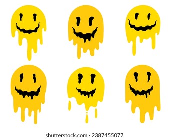 Melting or dripping smiles in flat stile. Set of psychedelic  Melted smile faces in trippy acid rave style isolated on white background. Set of hand drawn icons. 