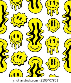 Melting or dripping smiles seamless pattern. Set of psychedelic smiles isolated on white background. Vector seamless background