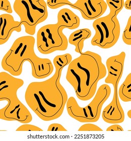 Melting or dripping smiles seamless pattern. Set of psychedelic smiles isolated on white background. Vector seamless background