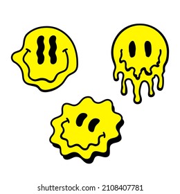 Melting dripping smiles  Set psychedelic smiles isolated white background  Set vector icons