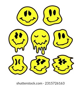 Sonrisas de derretimiento o goteo. Colección de sonrisas de doodle contentos vectores aisladas en fondo blanco. Caras simples. Juego de iconos de corte. Sonrisas psicodélicas aisladas en el fondo blanco. Conjunto de iconos vectoriales