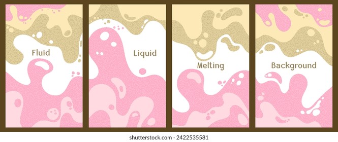 Melting dynamic waves pattern summer covers. Bubble splashes and streams vector pack box covers. Fluid liquid flowing paint patterns. Wavy surface leaflets. Fluid droplets, melting shapes