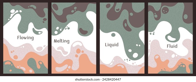 Melting dynamic waves pattern summer covers. Bubble splashes and streams vector templates set. Fluid liquid flowing paint backgrounds. Wavy surface leaflets. Fluid droplets, melting shapes