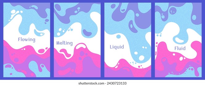 Melting dynamic waves pattern summer covers. Bubble splashes and streams vector pack box covers. Fluid liquid flowing paint patterns. Wavy surface brochures. Fluid with bubbles, melting shapes