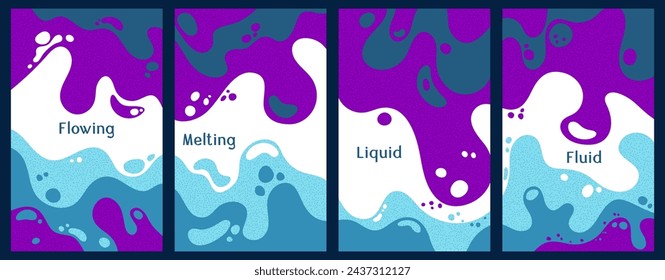 Melting dynamic waves pattern summer covers. Bubble splashes and streams vector pack box covers. Fluid liquid flowing paint flyers. Wavy surface leaflets. Fluid droplets, melting shapes