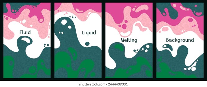 Melting dynamic waves pattern summer covers. Bubble splashes and streams vector pack box covers. Fluid liquid flowing paint flyers. Wavy surface leaflets. Liquid bubbles, melting shapes