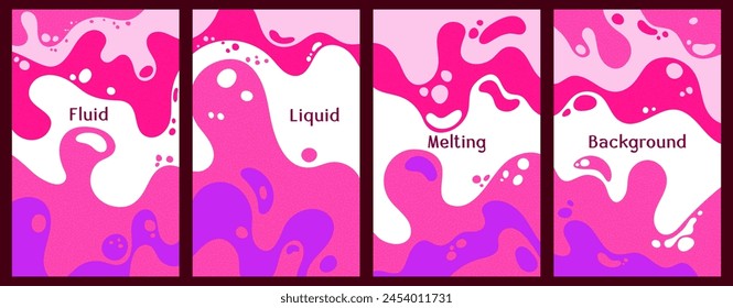 Melting dynamic waves pattern summer covers. Bubble splashes and streams vector templates set. Fluid liquid flowing paint patterns. Wavy surface posters. Fluid droplets, melting shapes