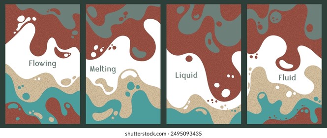 Melting dynamic waves pattern summer covers. Bubble splashes and streams vector templates set. Fluid liquid flowing paint patterns. Wavy surface posters. Fluid with bubbles, melting shapes