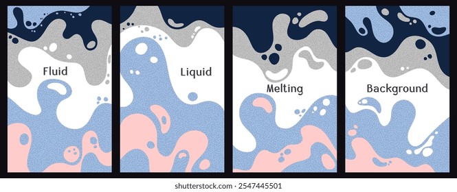 Melting dynamic waves pattern summer covers. Bubble splashes and streams vector pack box covers. Fluid liquid flowing paint flyers. Wavy surface posters. Liquid droplets, melting shapes