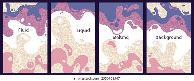 Melting dynamic waves pattern summer covers. Bubble splashes and streams vector pack box covers. Fluid liquid flowing paint backgrounds. Wavy surface posters. Fluid droplets, melting shapes