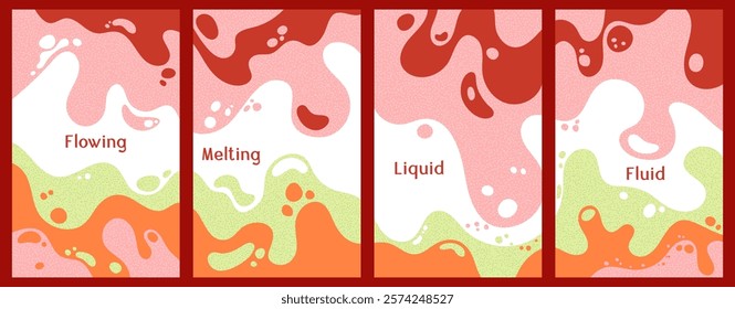 Melting dynamic waves pattern summer covers. Bubble splashes and streams vector pack box covers. Fluid liquid flowing paint patterns. Wavy surface posters. Fluid with bubbles, melting shapes