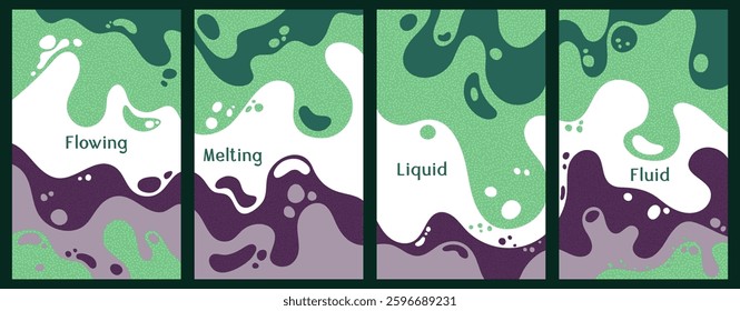 Melting dynamic waves pattern summer covers. Bubble splashes and streams vector templates set. Fluid liquid flowing paint patterns. Wavy surface leaflets. Fluid with bubbles, melting shapes