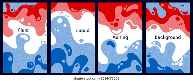 Melting dynamic waves pattern summer covers. Bubble splashes and streams vector pack box covers. Fluid liquid flowing paint flyers. Wavy surface leaflets. Liquid droplets, melting shapes
