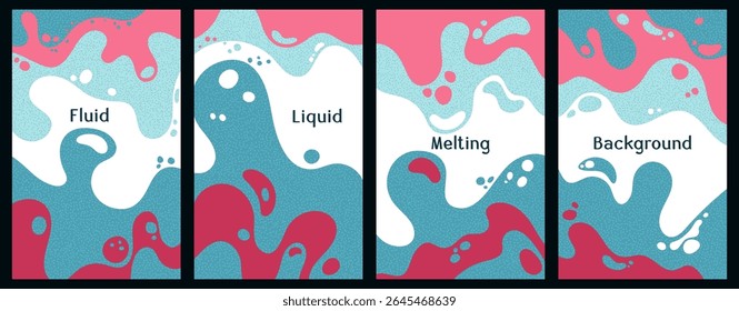 Melting dynamic waves pattern summer covers. Bubble splashes and streams vector pack box covers. Fluid liquid flowing paint patterns. Wavy surface brochures. Liquid droplets, melting shapes