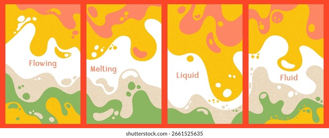 Melting dynamic waves pattern summer covers. Bubble splashes and streams vector templates set. Fluid liquid flowing paint patterns. Wavy surface brochures. Liquid droplets, melting shapes