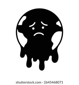Melting Earth Climate Anxiety Glyph Icon. Sad Planet Global Warming Symbol. Environmental Crisis Black Silhouette.