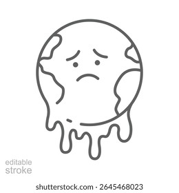 Melting Earth Icon. Climate Anxiety Outline. Editable Stroke Planet. Global Warming Symbol. Environmental Crisis Sign. Climate Change Awareness.