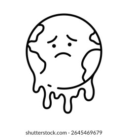Melting Earth Icon. Climate Anxiety Outline. Sad Planet Global Warming Symbol. Environmental Crisis Line Style.