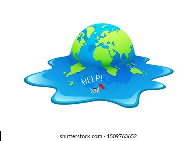 Melting Earth people help in the sea. Concept global warming, green and blue world background, vector illustration.