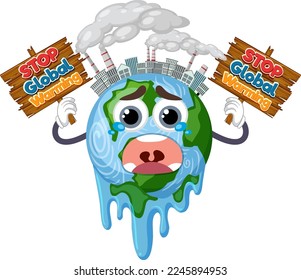 Melting earth with stop global warming signboard illustration