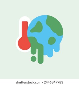 Melting earth with thermometer icon. Nature, hot temperature, climate change, global warming, environment concepts. Flat vector design illustration isolated on background.