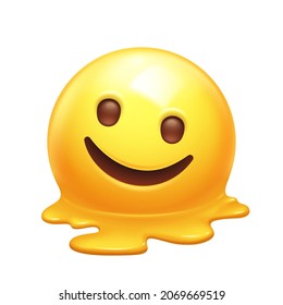 Melting Emoji With Exhausted Smile. Melted Yellow Face, Smiling Emoticon Melting Into A Puddle 3D Stylized Vector Icon