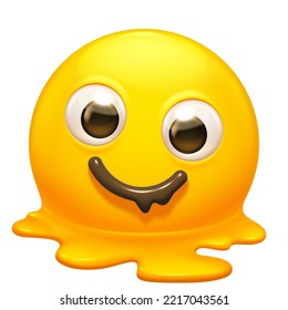 Melting emoji.  Melted 3D yellow face with exhausted smile, overheated smiling emoticon melting into a puddle vector icon