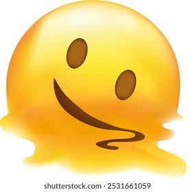 Emoji derretendo. Rosto amarelo derretido com sorriso exausto, emoticon sorridente superaquecido derretendo em uma poça