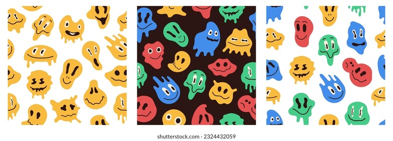 Patrón de la cara de fusión. Impresión sin foco de emoji groovy y caras enfadadas al estilo ácido distorsionado. Textura de emoticonos coloridos vectoriales. Ilustración del patrón de groovía facial