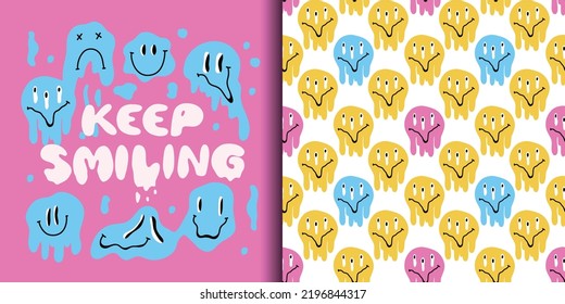 Melting faces. Keep smiling phrase. Blue groovy emoji, dripping melty funny character and lettering, 70s hippie psychedelic card print or poster, seamless pattern, vector cartoon flat  illustration