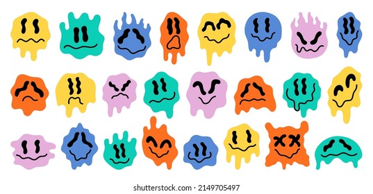 Melting faces. Melted funky face, quirky smile weird and liquid eye. Acid fantasy, crazy geometry trendy abstract art. Fashion 90s stickers, swanky vector characters