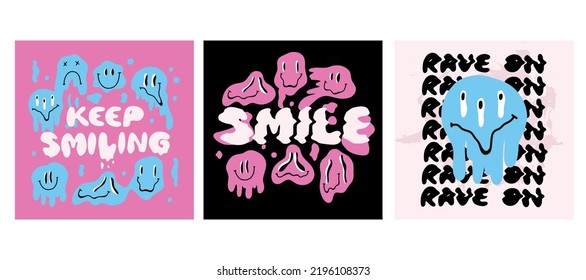 Melting faces. Smiling phrase. Pink groovy emoji, dripping melty funny character and lettering, 70s hippie psychedelic card print or poster, vector cartoon flat style isolated illustration set