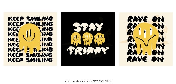 Melting faces. Smiling phrase. Yellow groovy emoji, dripping melty funny character and lettering, 70s hippie psychedelic card print or poster, vector cartoon flat style isolated illustration set